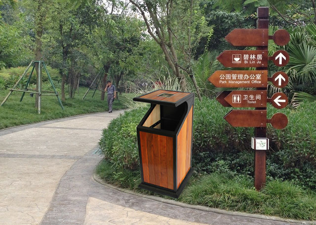 公園方形戶外鋼木單桶垃圾桶戶外擺放圖: